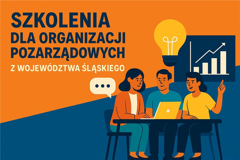 Ilustracja promująca szkolenia dla organizacji pozarządowych z województwa śląskiego, przedstawiająca trzy osoby przy stole omawiające dokumenty, z ikonami żarówki i wykresu w tle.