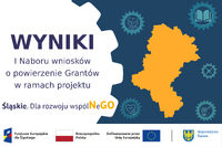 Plakat z napisem: wyniki I naboru wniosków o powierzenie Grantów w ramach projektu Śląskie.Dla rozwoju wspólnego. Na dole zestaw logotypów unijnych.